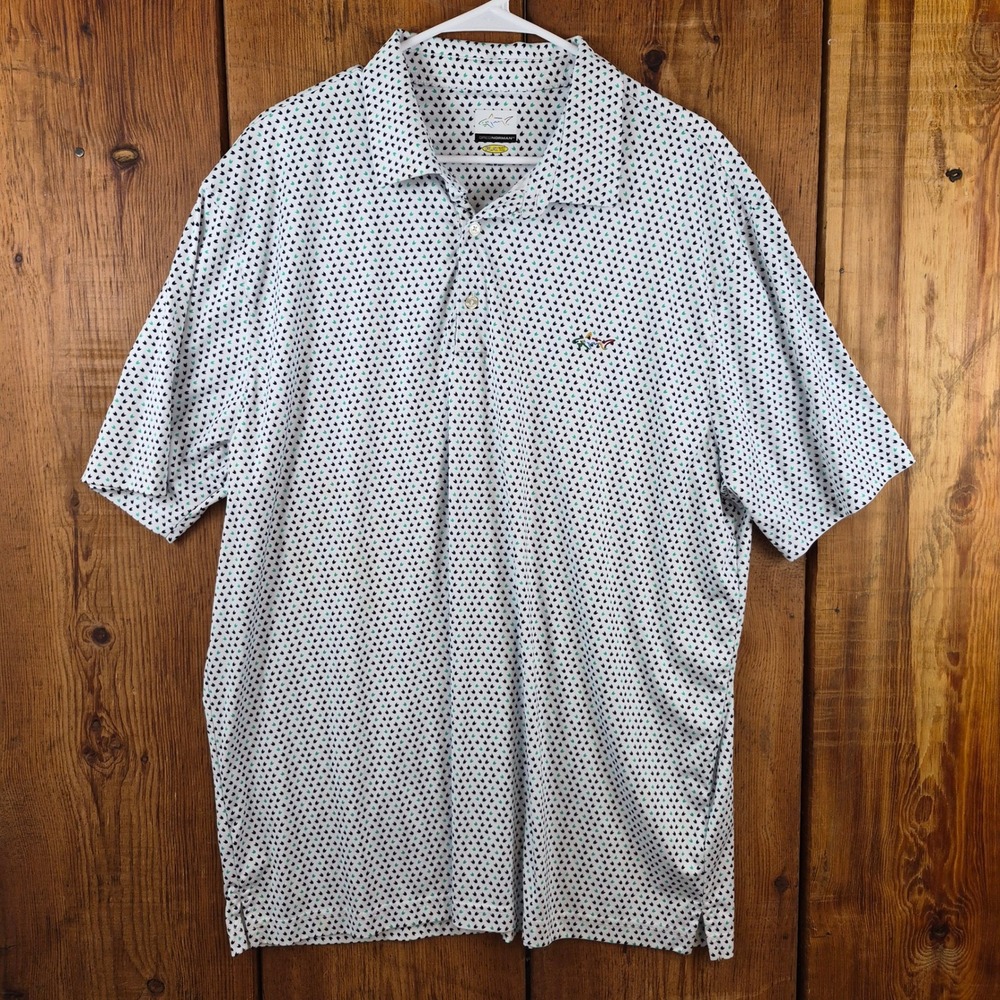 Greg Norman Play Dry Mens XXL Golf Polo Shirt White Teal Navy Geometric Print